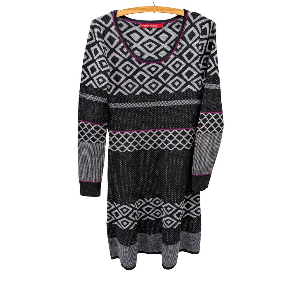 Krimson Klover 100% Merino Wool Sweater Dress Black Grey Geometric Magenta- S